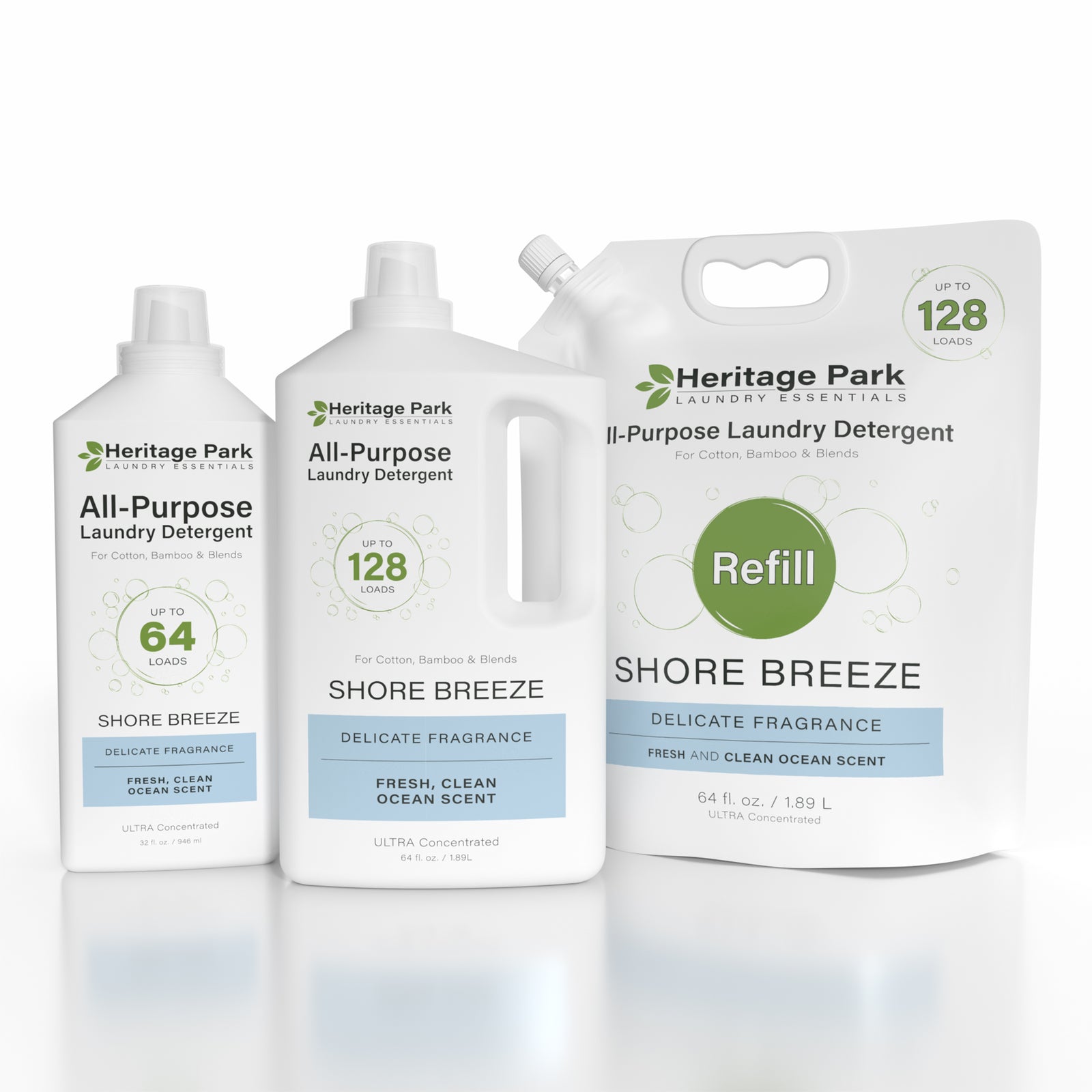 Heritage Park All Purpose Shore Breeze Laundry Detergent in 32 oz bottle, 64 oz bottle and the 64 oz refill bag