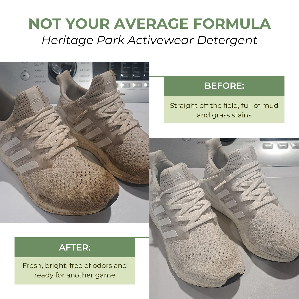 Before and After of Heritage Park Activewear Detergent cleaning sneakers
