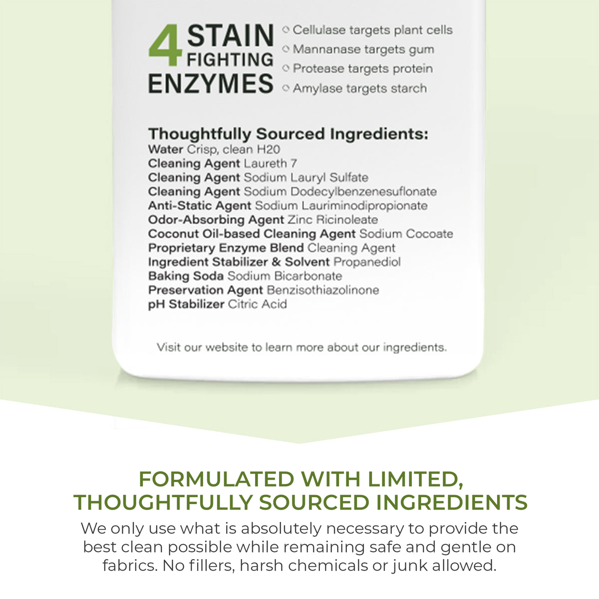 Heritage Park Activewear Laundry Detergent showing a list of ingredients and enzymes used