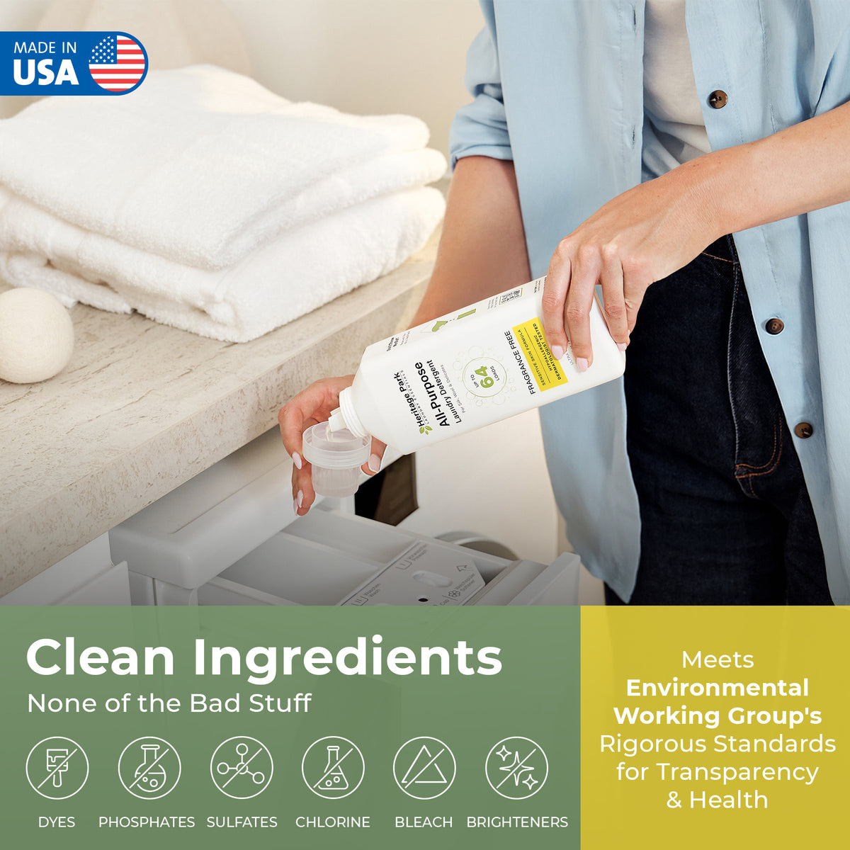 Woman pouring Fragrance FreeHeritage Park All Purpose Laundry Detergent with Text Highlighting its clean ingredients