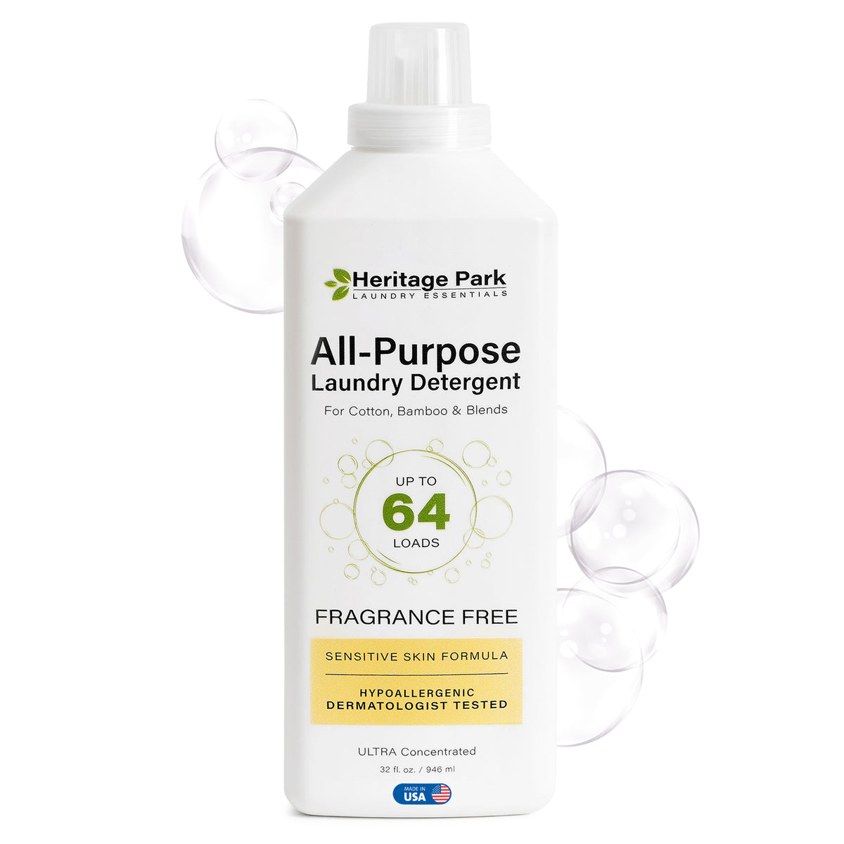 Fragrance Free Heritage Park All-Purpose laundry detergent 32 fl. oz. bottle with bubbles in background