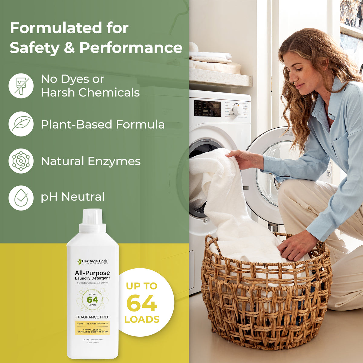 Woman collecting clean clothing from dryer with Heritage Park All Purpose Fragrance Free Laundry Detergent image