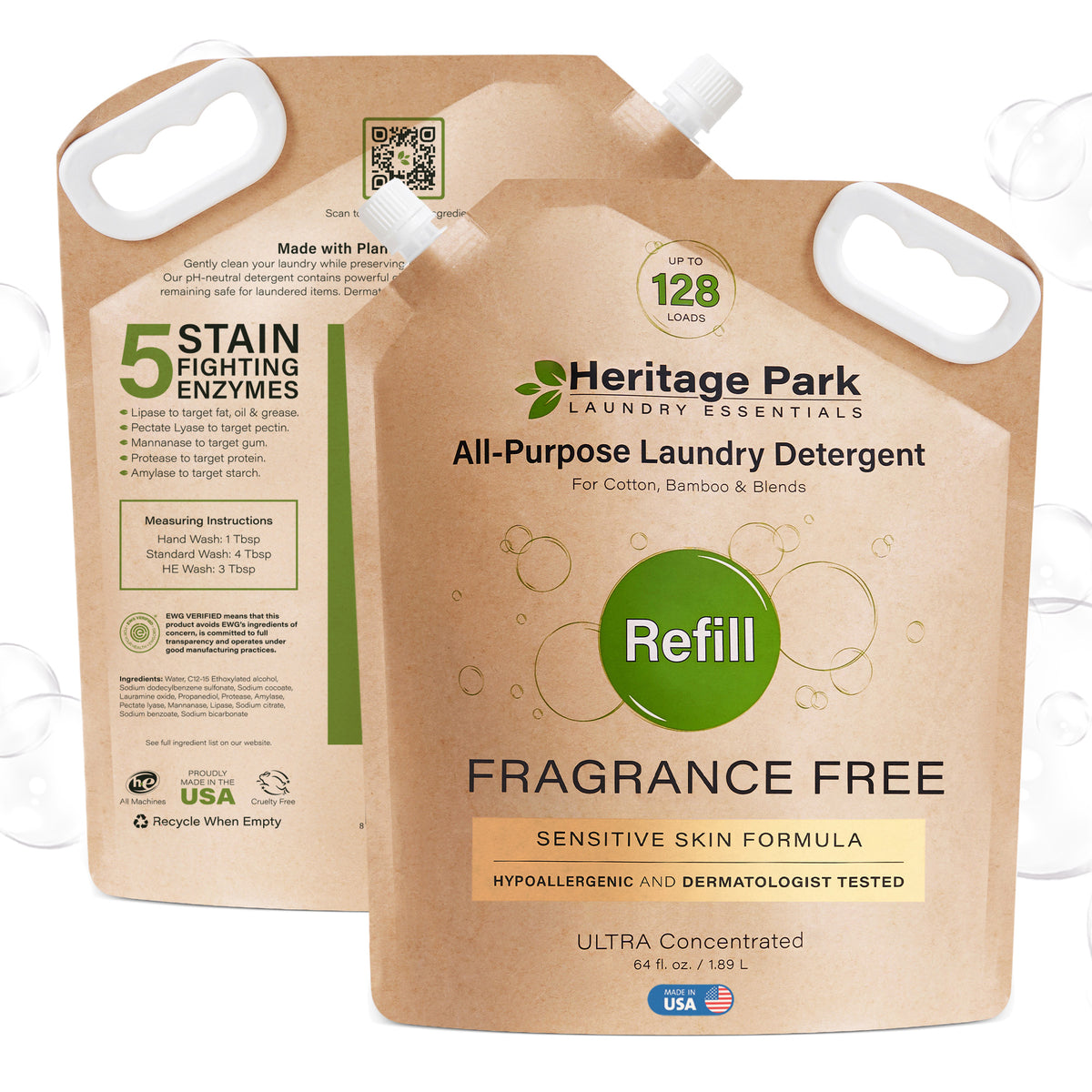 Front and back of Fragrance Free Heritage Park All Purpose laundry detergent refill pack