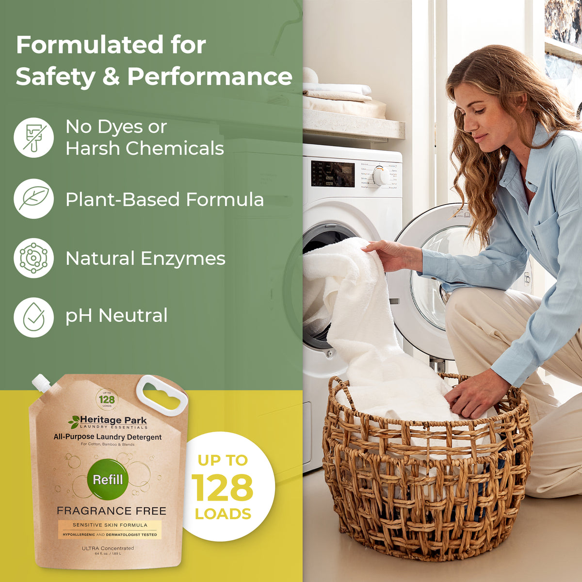 Woman collecting clean laundry from dryer with Fragrance Free Heritage Park Refill Pack