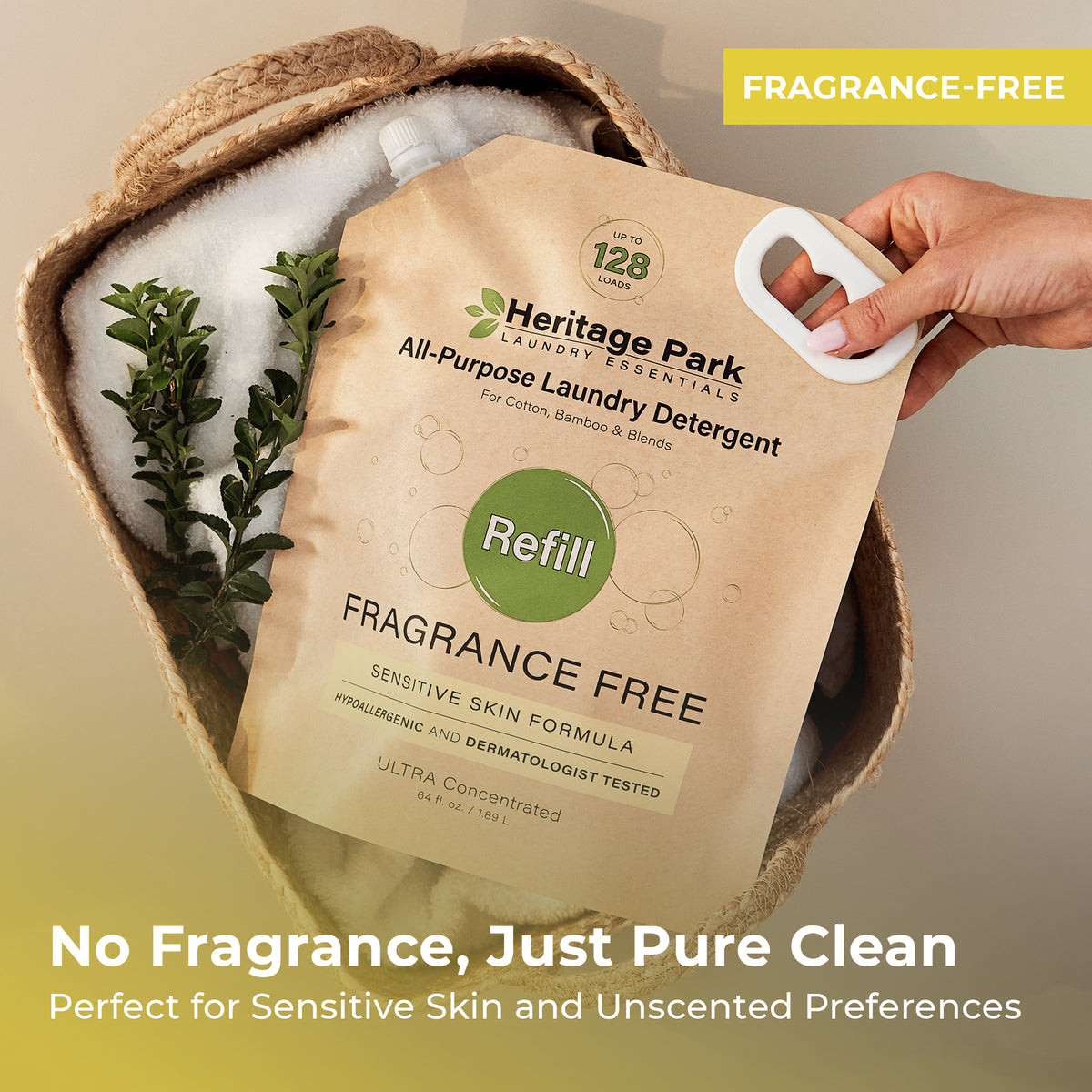 Fragrance Free Heritage Park Silk and Wool Laundry Detergent refill pack on a laundry basket