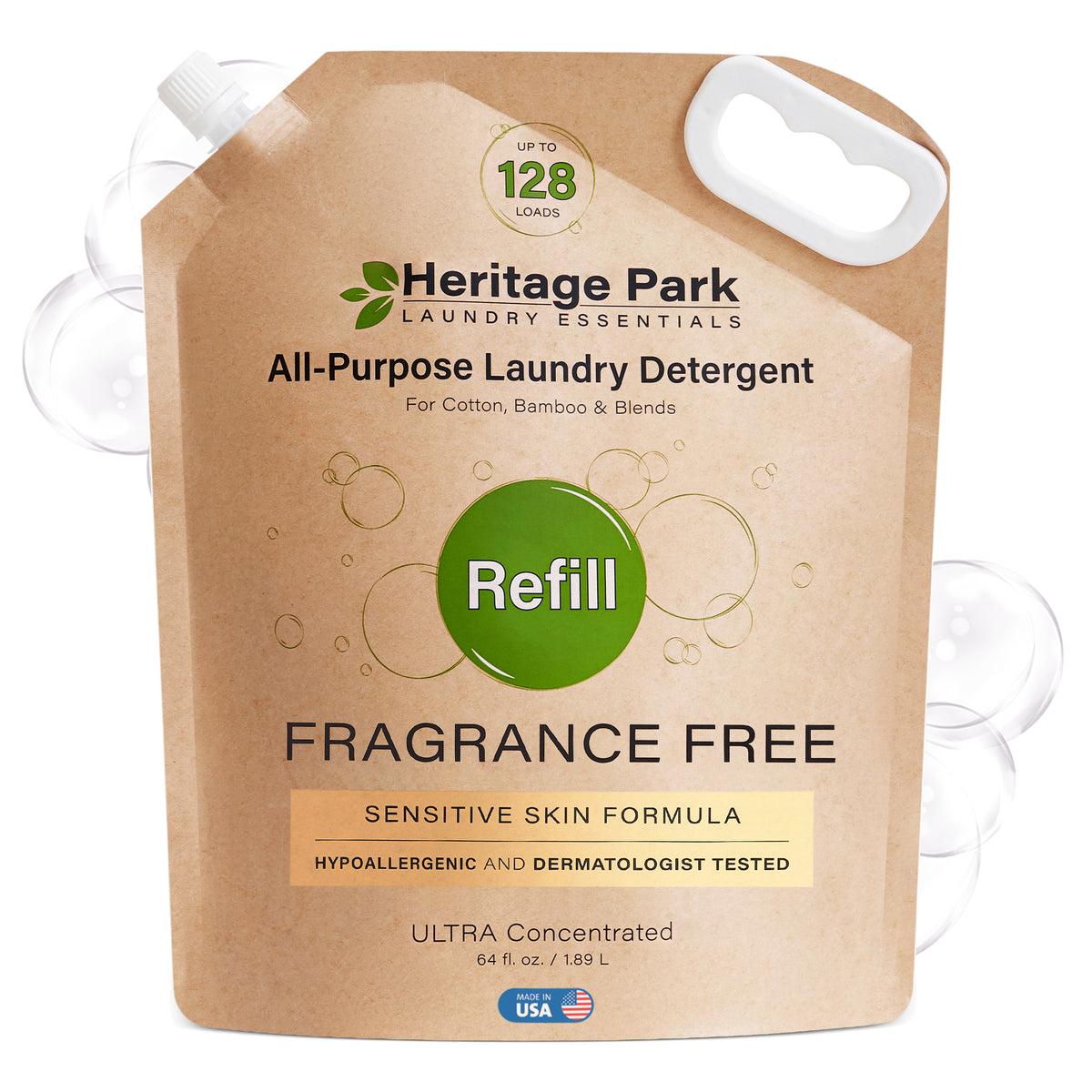 Fragrance Free Heritage Park All Purpose laundry detergent refill pack with bubbles in background