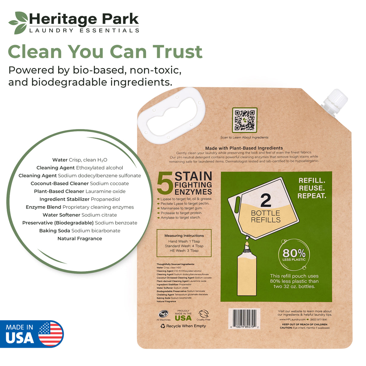 Ingredients list and back side of Heritage Park Laundry Detergent Refill pack