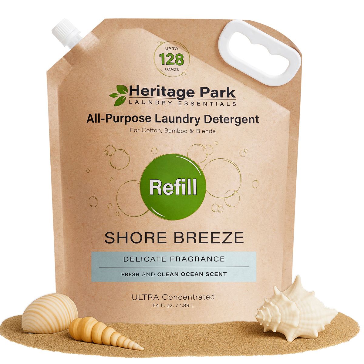 Shore BreezeHeritage Park All Purpose laundry detergent refill pack with sand and shells in background