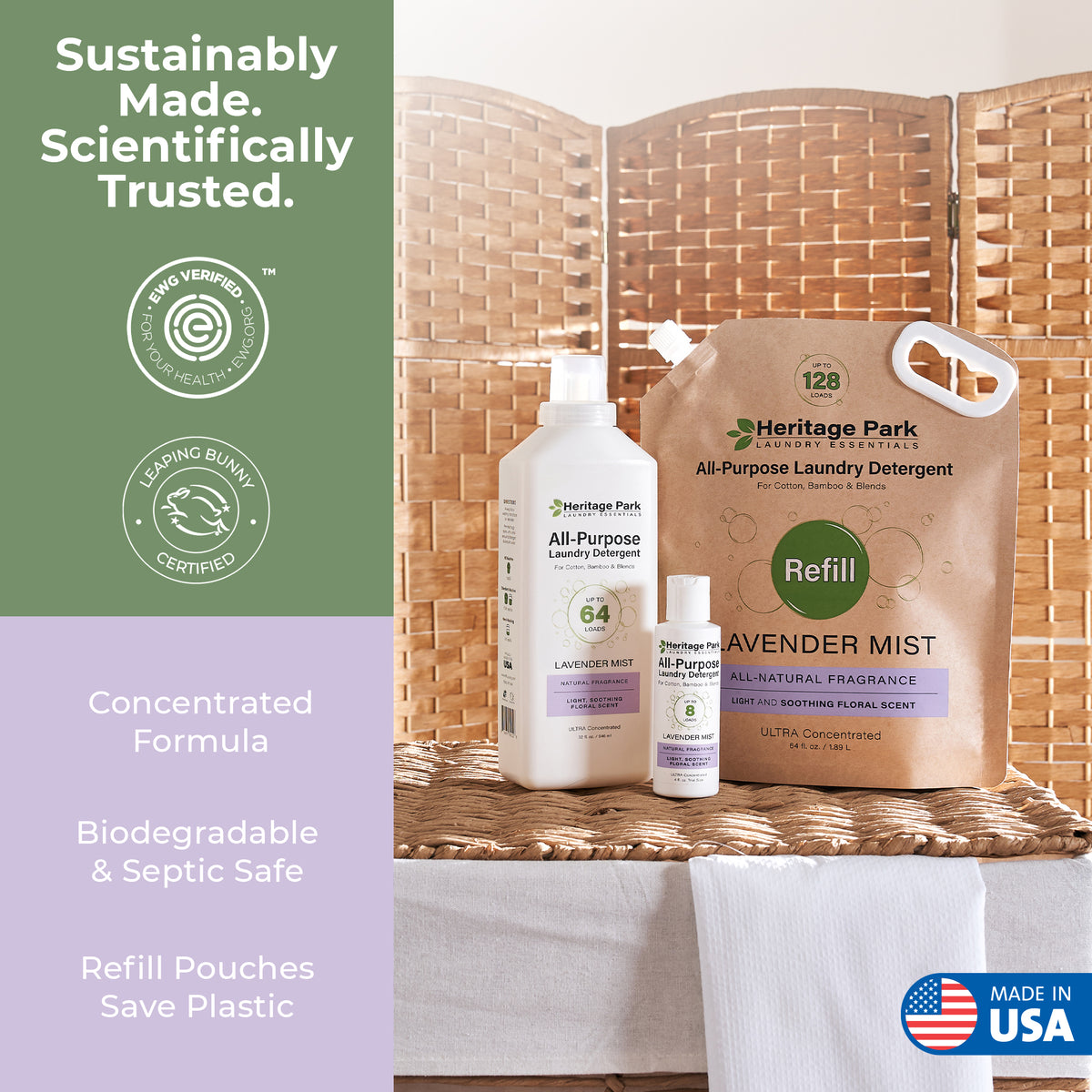 Heritage Park All Purpose Lavender Mist 32oz 4oz and refill packages with text saying biodegradable ingredients and made in USA