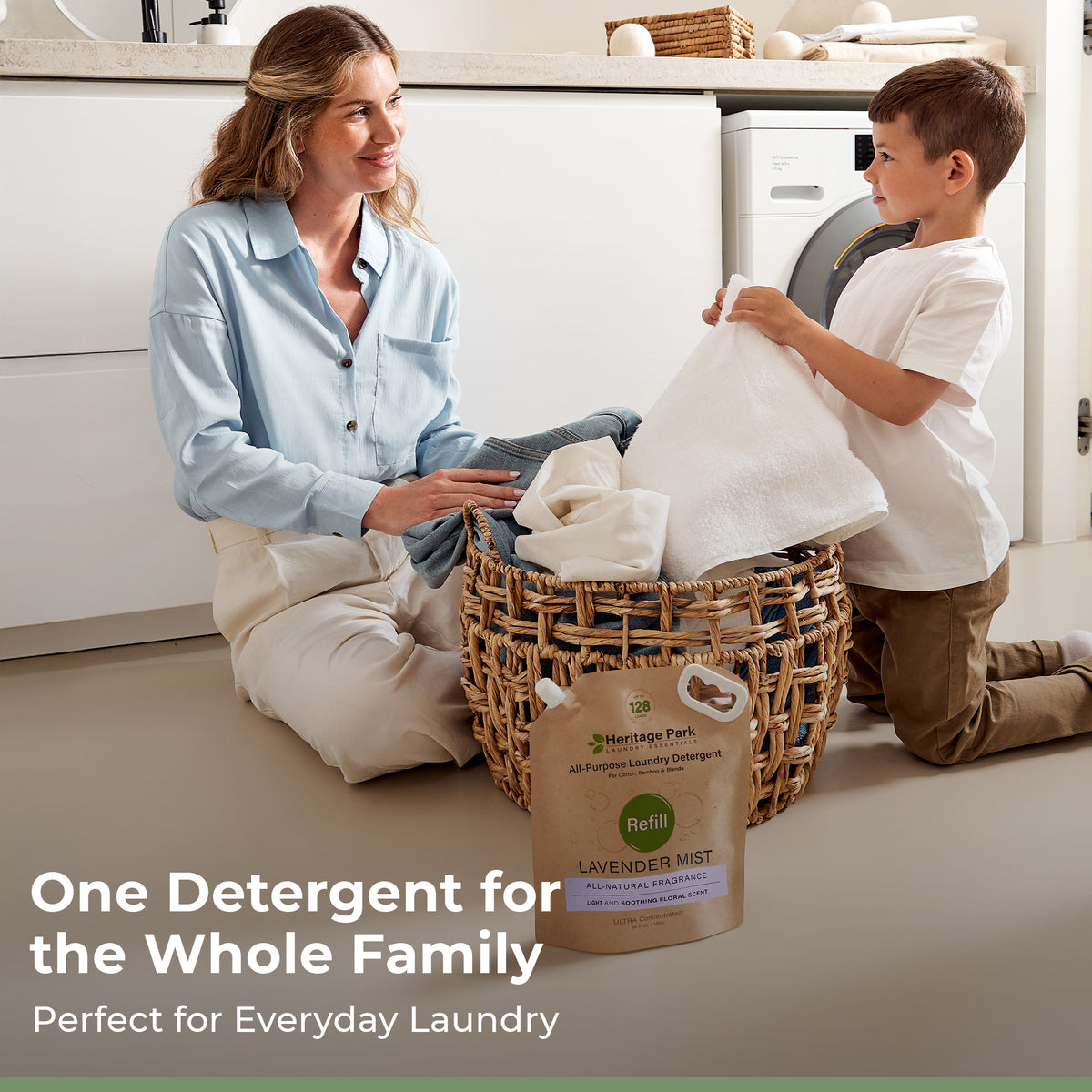 Mom and son doing laundry with Heritage Park All Purpose with Lavender Mist fragrance 32oz bottle in front and a text saying it’s for the whole family