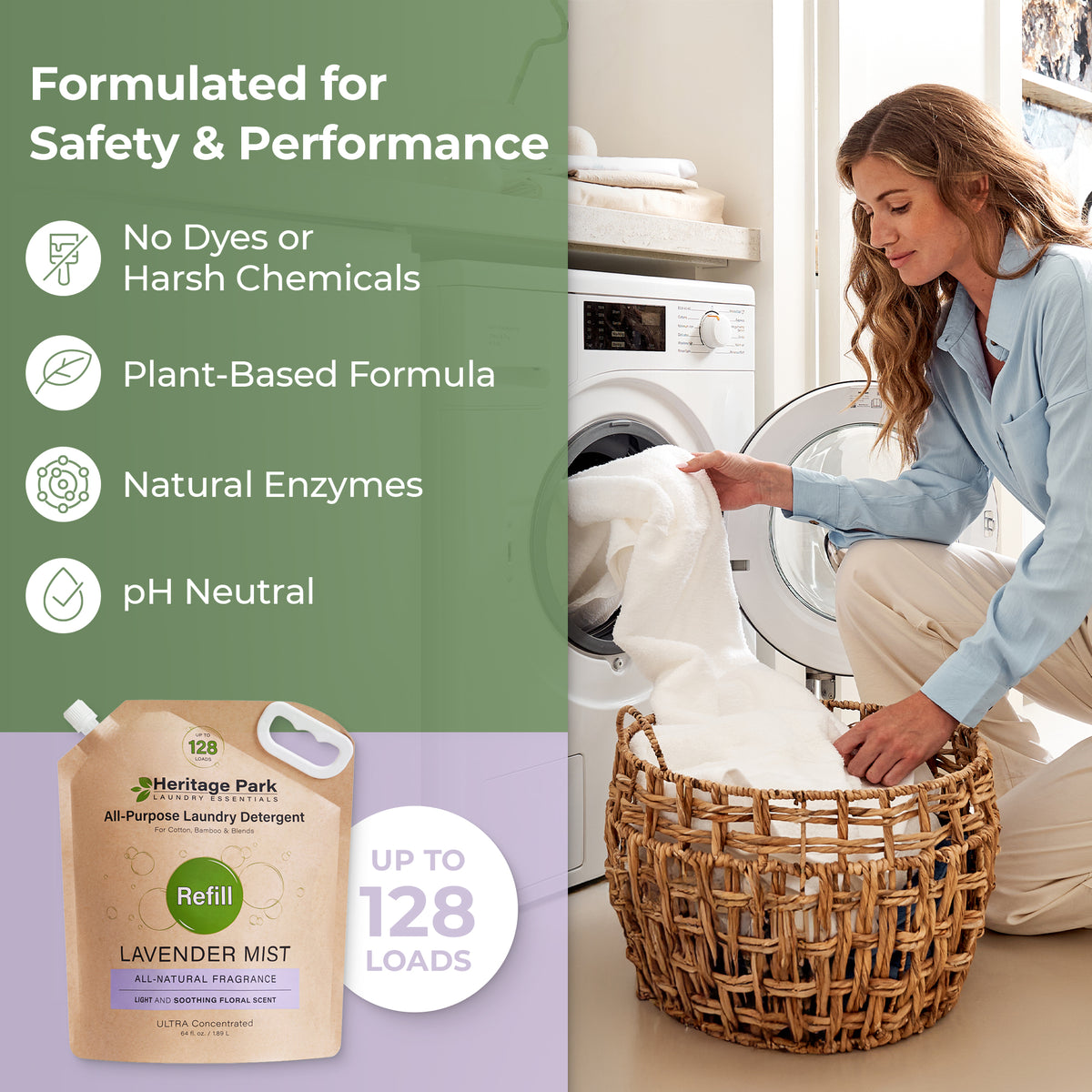 Woman collecting clean clothing from dryer with Heritage Park All Purpose Laundry Detergent with Lavender Mist Fragrance image
