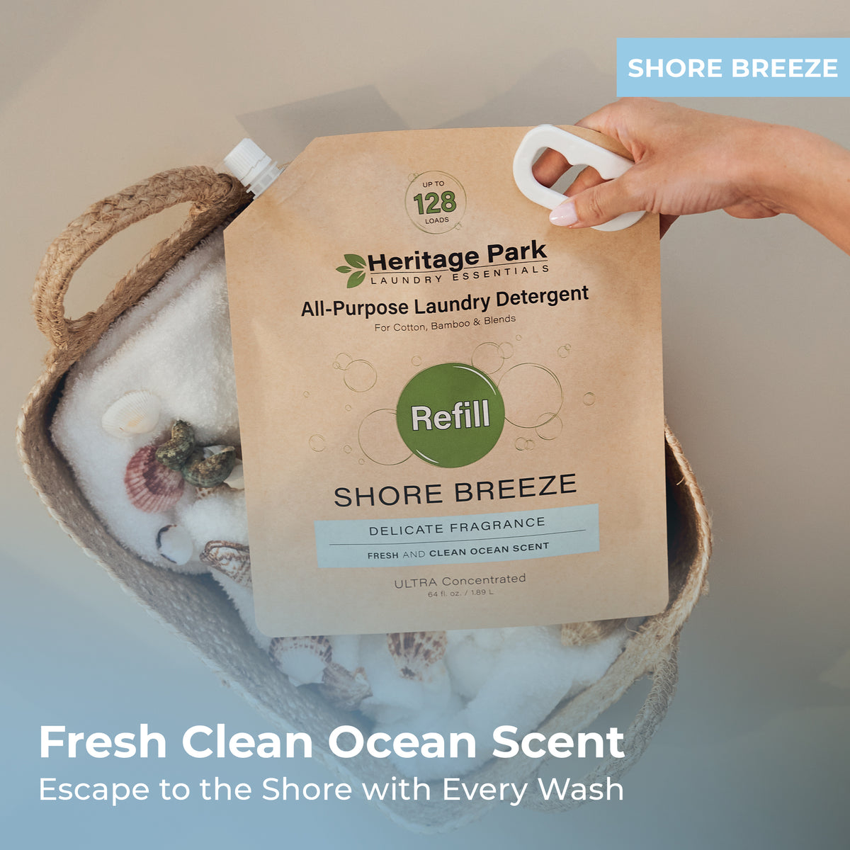 Shore Breeze Heritage Park All Purpose Laundry Detergent refill pack on a laundry basket