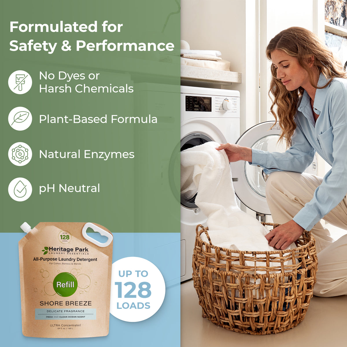 Woman collecting clean clothing from dryer with Refill Pack of Heritage Park All Purpose Laundry Detergent with Spring Breeze Fragrance image