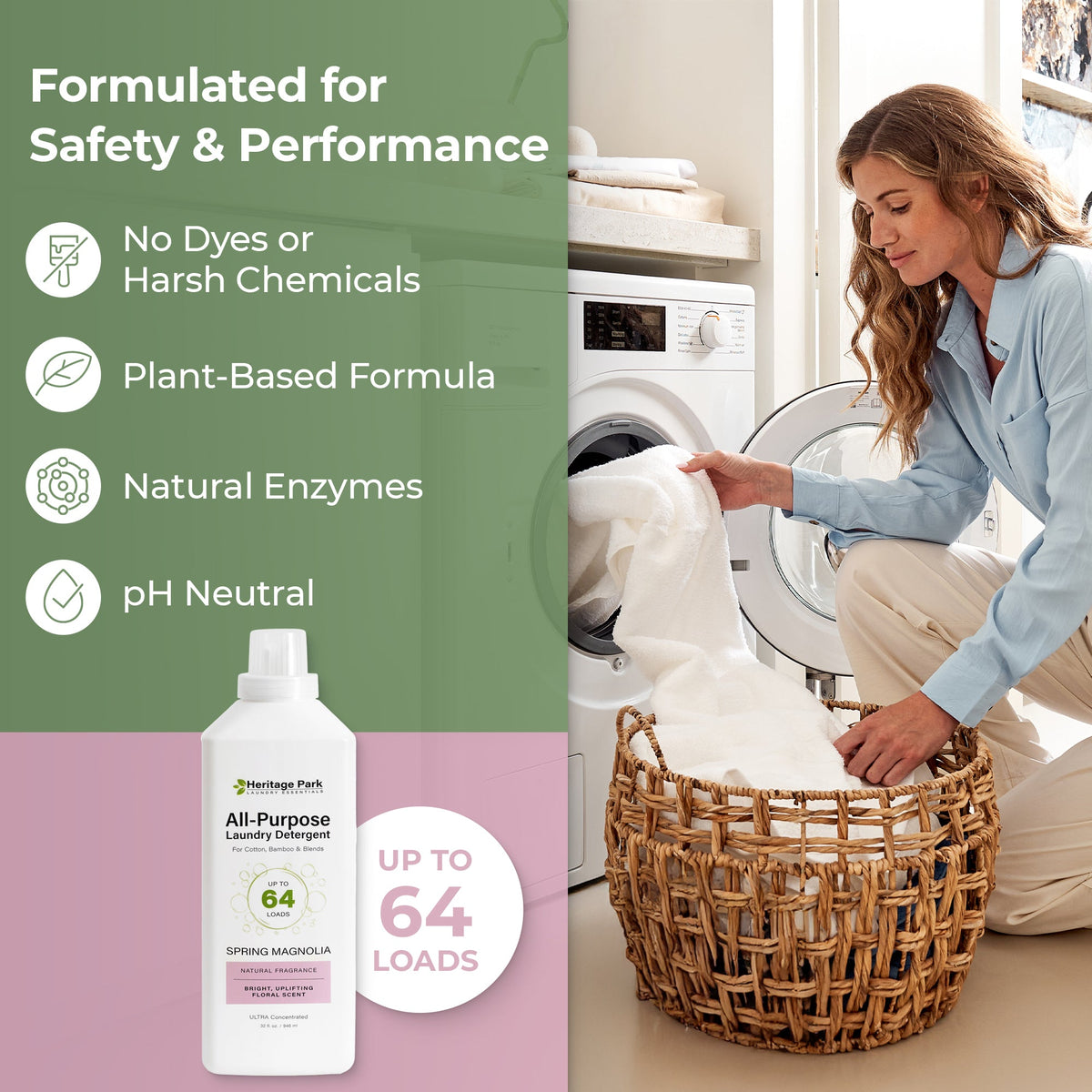 Woman collecting clean clothing from dryer with Heritage Park All Purpose Laundry Detergent with Spring Magnolia Fragrance image