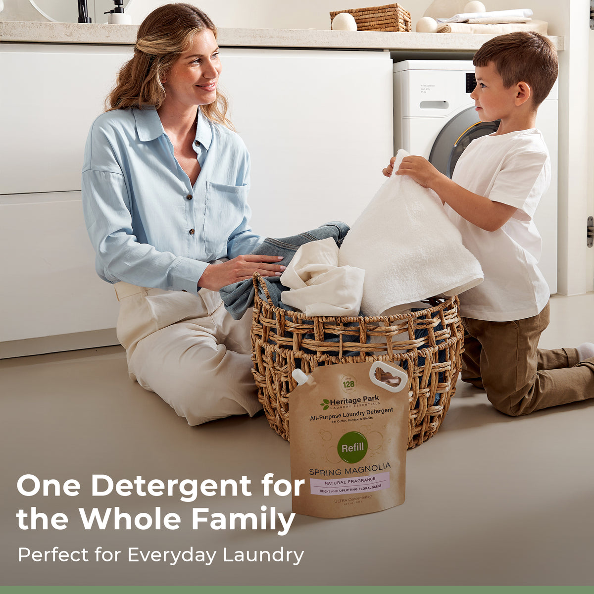 Mom and son doing laundry with Heritage Park All Purpose with Spring Magnolia fragrance refill pack in front and a text saying it’s for the whole family