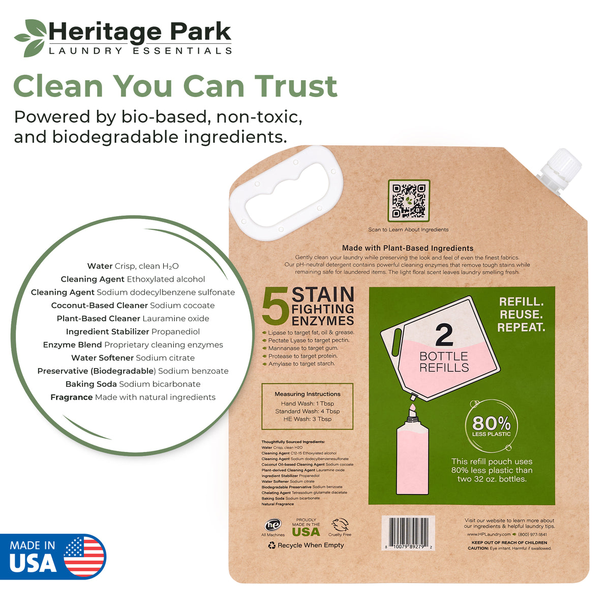 Ingredients list and back side of Heritage Park Laundry Detergent Refill pack