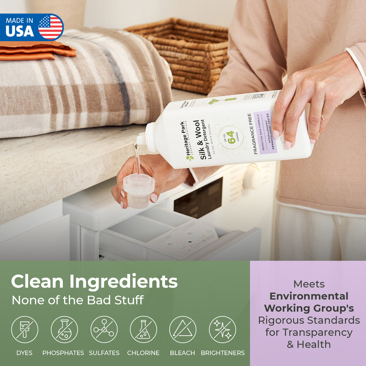 Woman pouring Fragrance Free Heritage Park Silk and Wool Laundry Detergent with Text Highlighting its clean ingredients