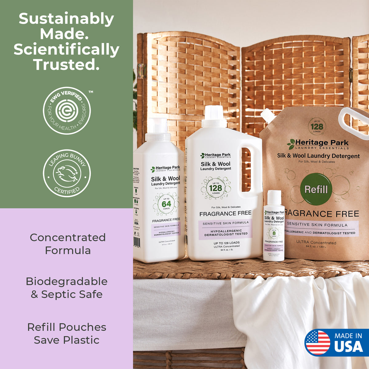 Heritage Park Silk and Wool Fragrance Free 32oz 4oz and refill packages with text saying biodegradable ingredients and made in USA