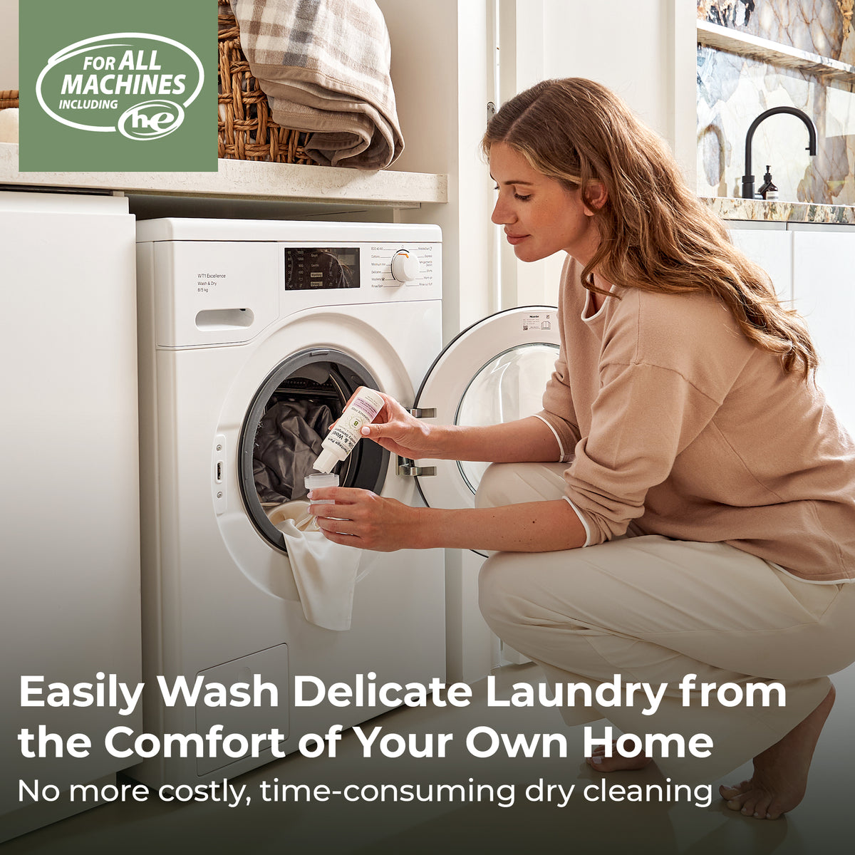 Lady using a Fragrance Free Heritage Park Silk Wool 4oz bottle to wash laundry