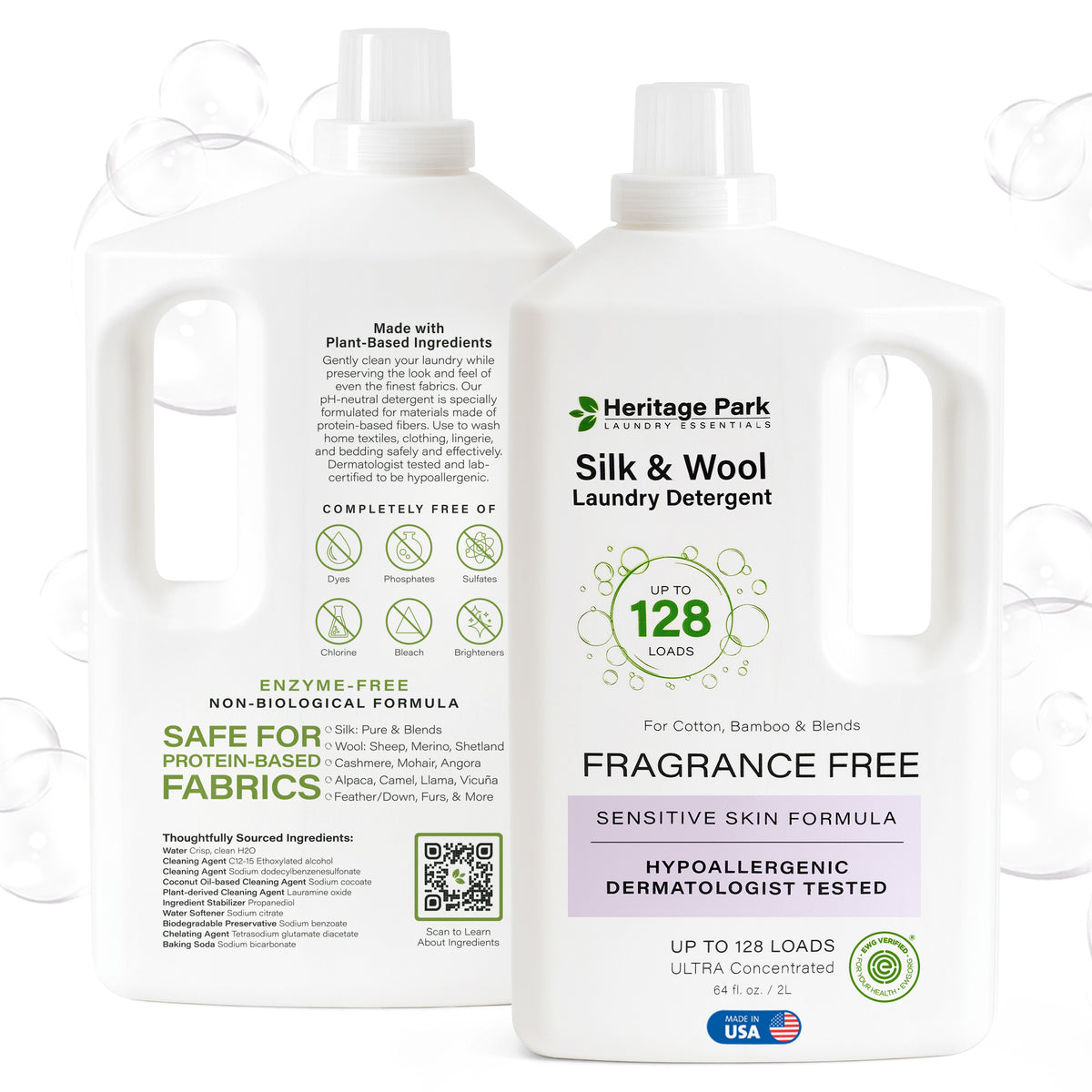 Front and back of Fragrance Free Heritage Park Silk and Wool laundry detergent 64 fl. oz. bottle