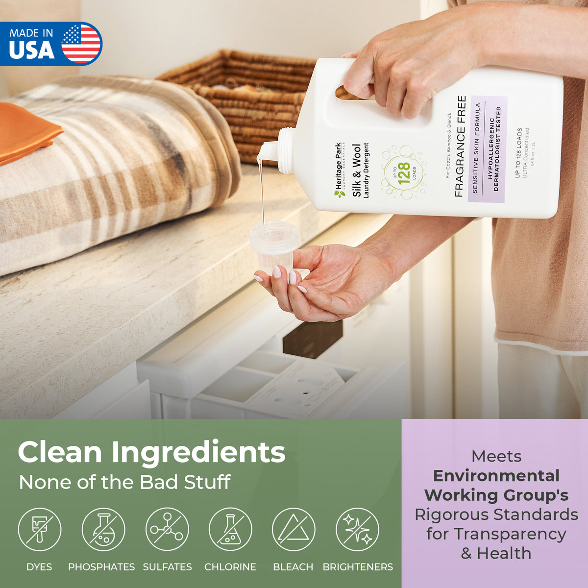 Woman pouring Fragrance Free Heritage Park Silk and Wool Laundry Detergent with Text Highlighting it’s clean ingredients