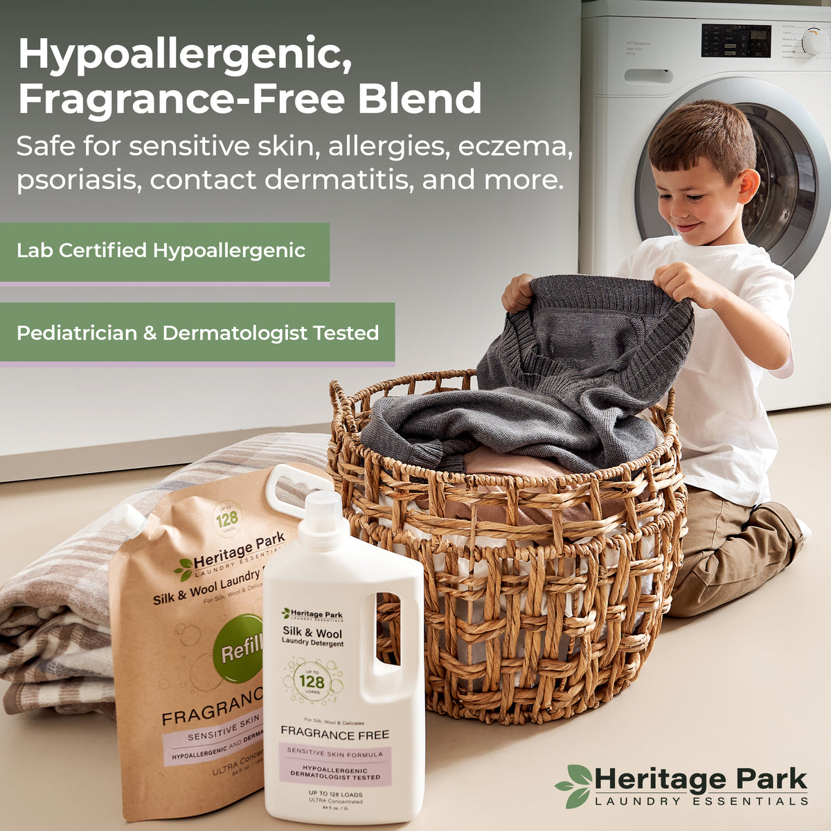 A kid smiling while holding laundry with graphic saying Heritage Park Laundry Detergents are Hypoallergenic and Dermatologist Tested