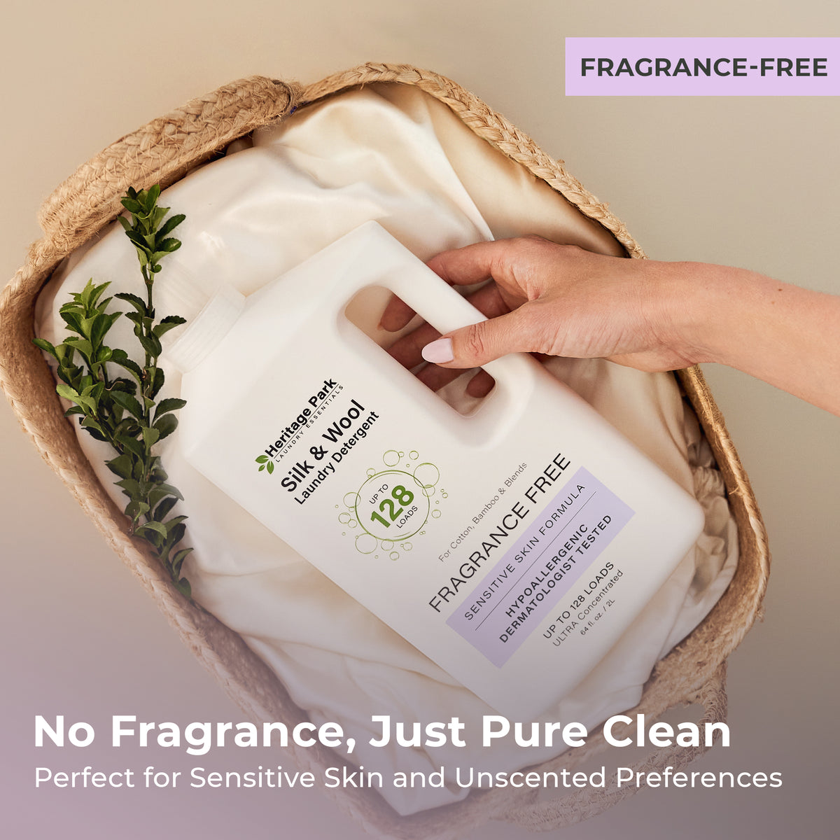 64oz bottle of Fragrance Free Heritage Park Silk and Wool Laundry Detergent on a laundry basket