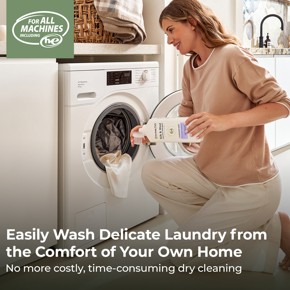 Lady using a Heritage Park Silk Wool Lavender Mist 32oz bottle to wash laundry