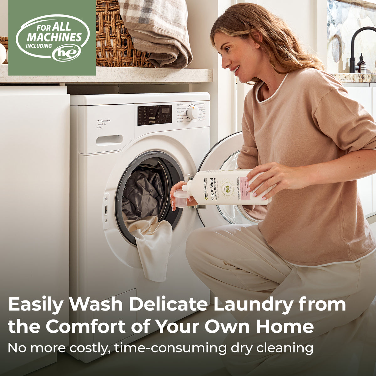 Woman pouring Spring Magnolia Heritage Park Silk and Wool Laundry Detergent with Text Highlighting it’s for delicate laundry