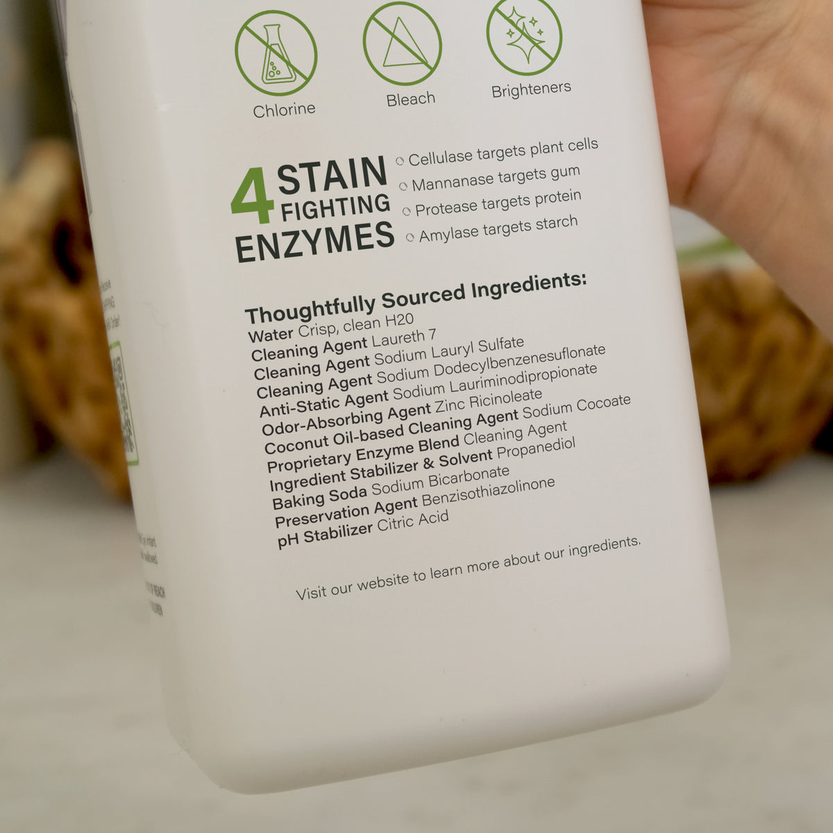 Heritage Park Activewear Laundry Detergent showing list of ingredients