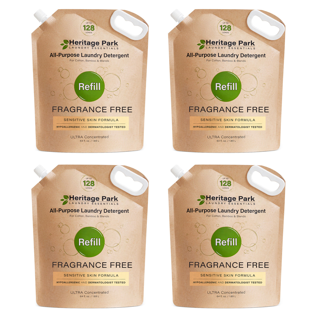 Four Heritage Park Fragrance Free All-Purpose laundry detergent refill bags on a white background