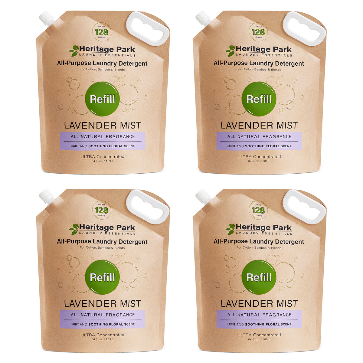 Four Heritage Park Lavender Mist All-Purpose laundry detergent refill bags on a white background