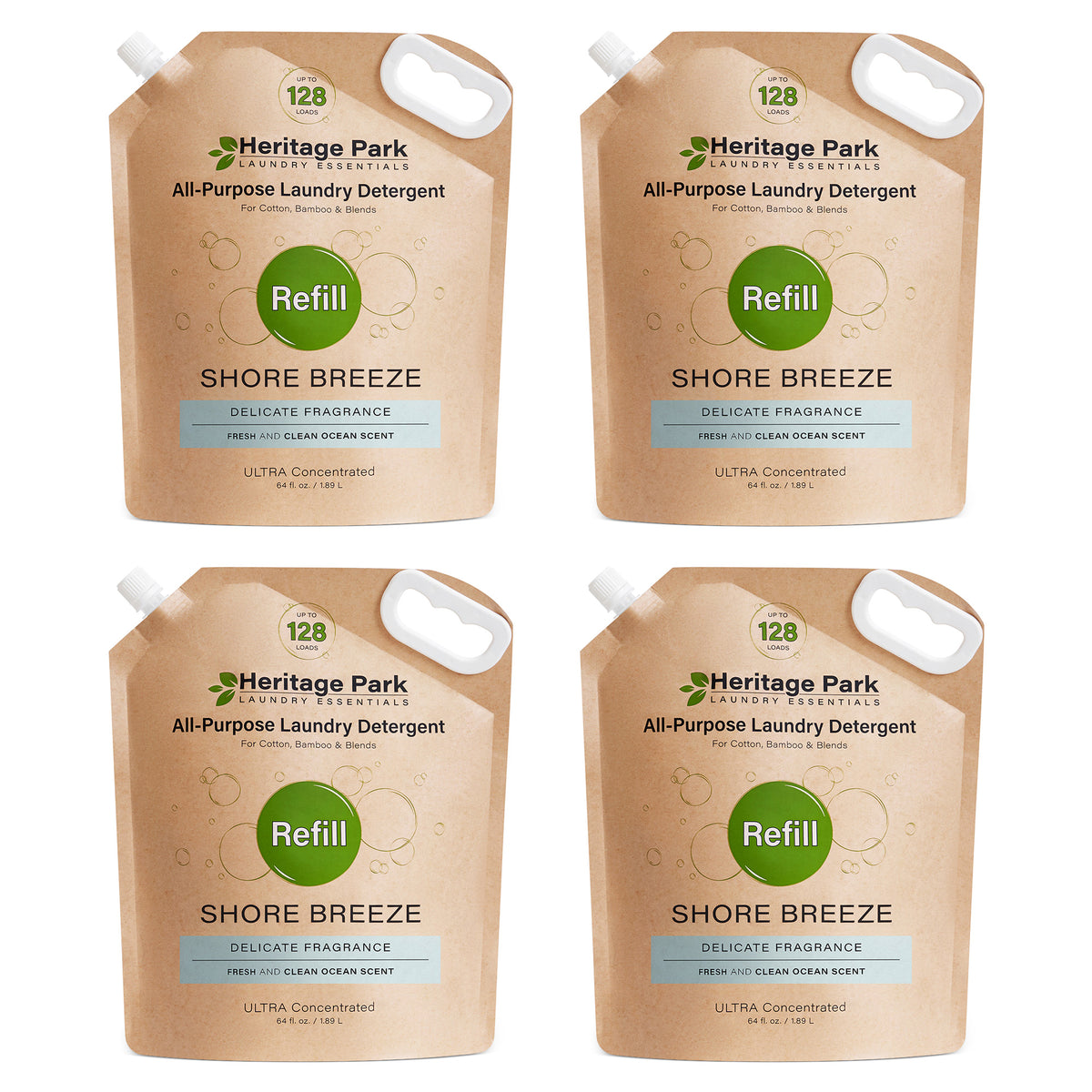 Four Heritage Park Shore Breeze All-Purpose laundry detergent refill bags on a white background