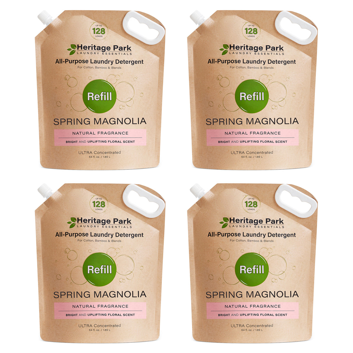 Four Heritage Park All-Purpose Laundry Detergent Spring Magnolia refill bags on a white background