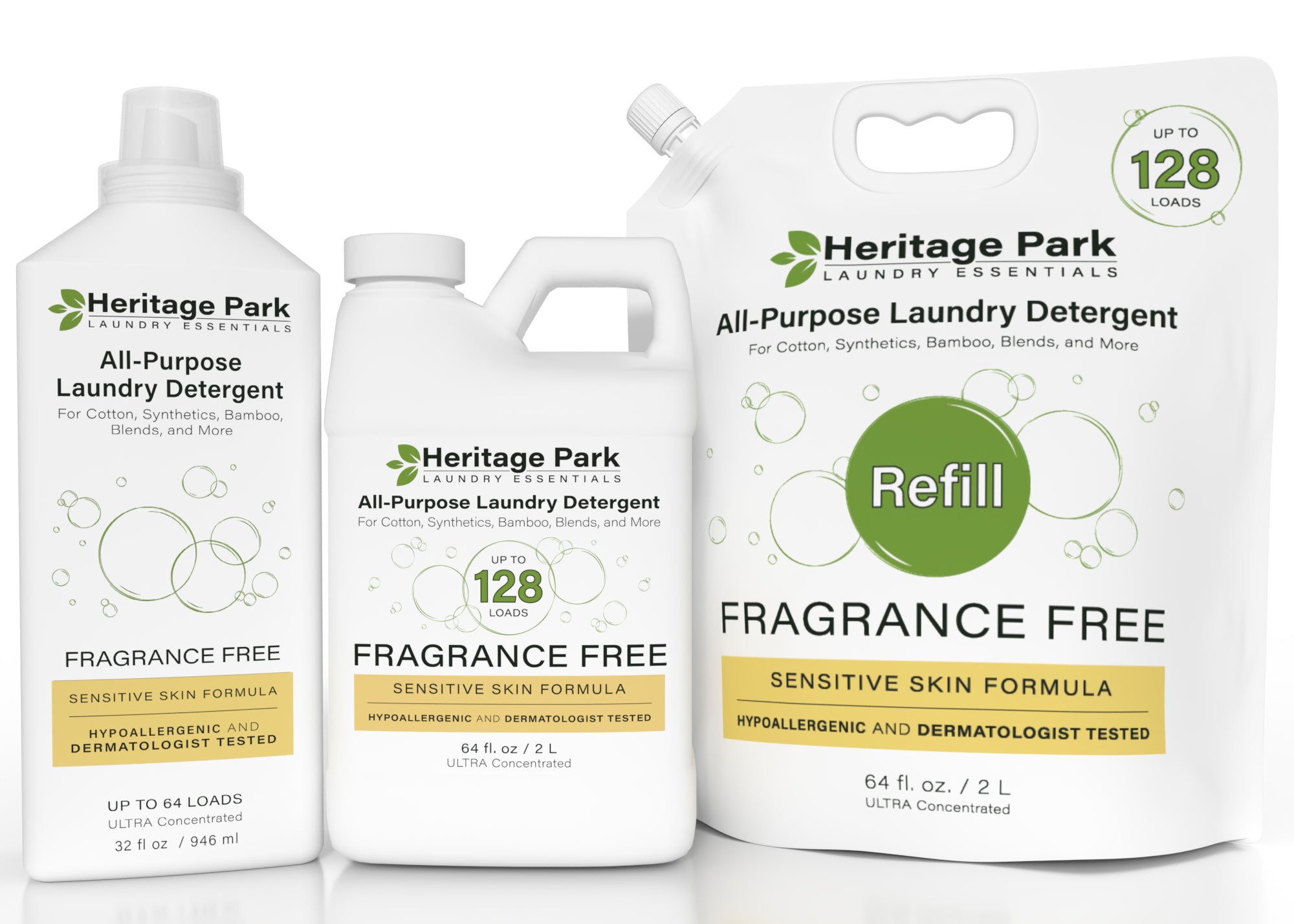 Heritage Park All-Purpose Fragrance Free Laundry Detergents - 32oz, 64oz bottle, and 64oz Refill