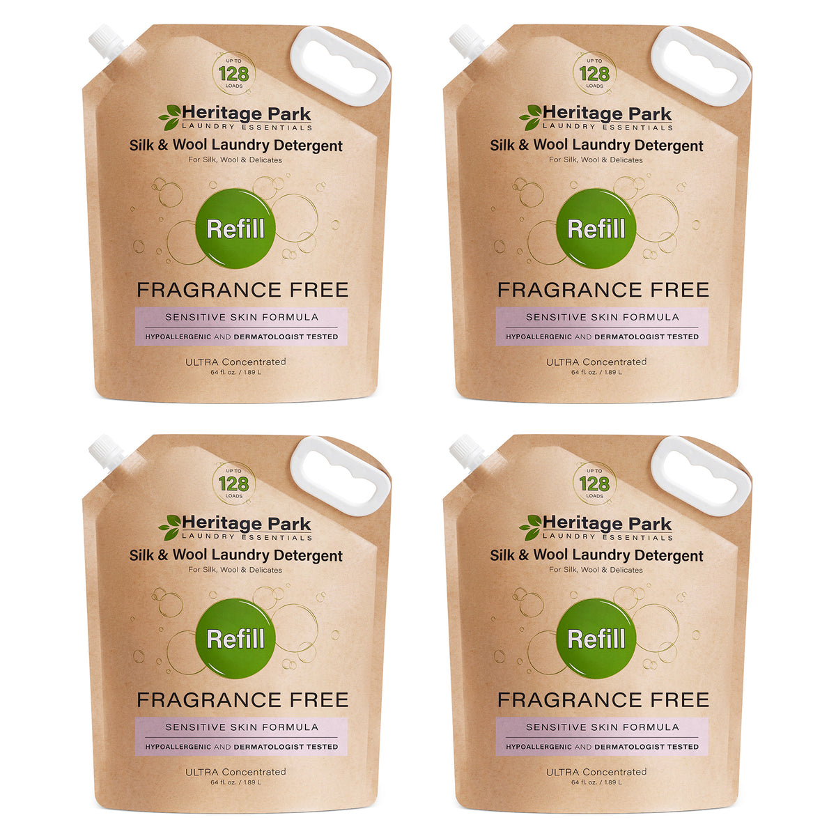 Four Heritage Park Fragrance Free Silk & Wool Laundry Detergent Refill bags on a white background