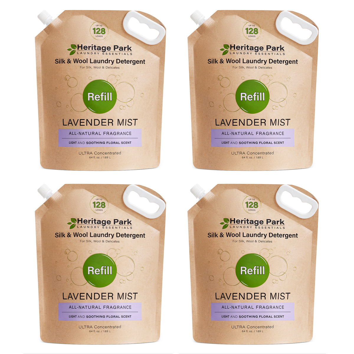 Four Heritage Park Silk & Wool Laundry Detergent Lavender Mist refill bags on a white background