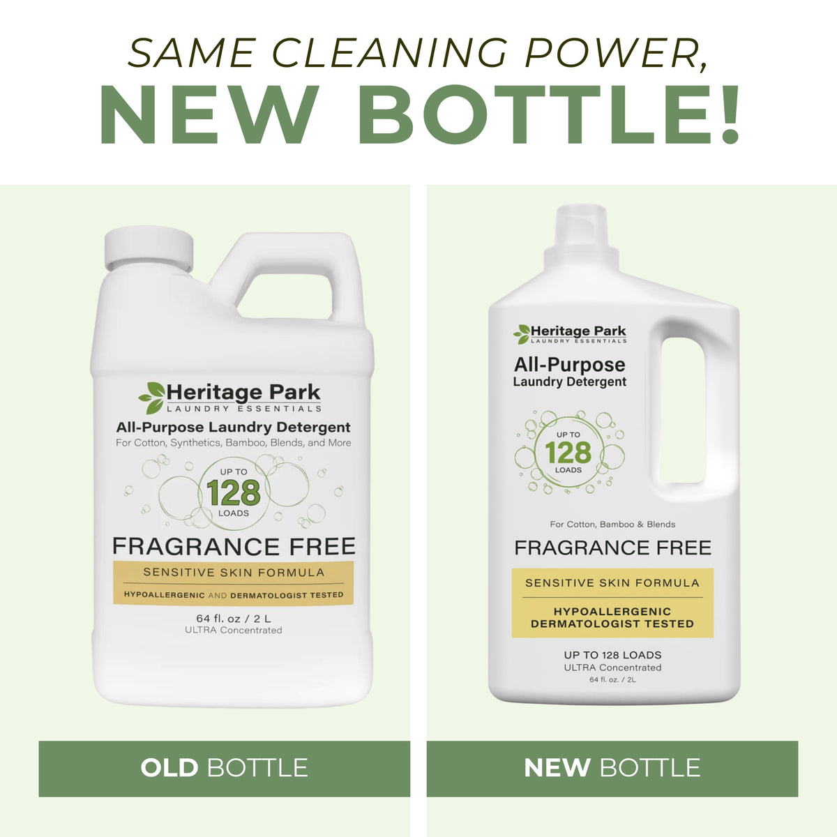 New and Old 64 oz bottle of Heritage Park Fragrance Free All-Purpose Laundry Detergent