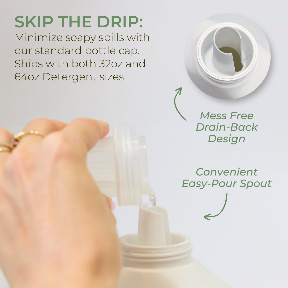 Showing the Heritage Park Laundry Detergent drain back and easy pour spout bottle design