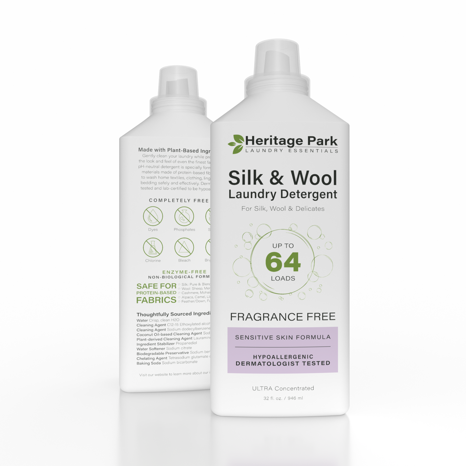 Heritage Park Silk & Wool Fragrance Free Laundry Detergent in 32 oz bottle, 64 oz bottle and the 64 oz refill bag