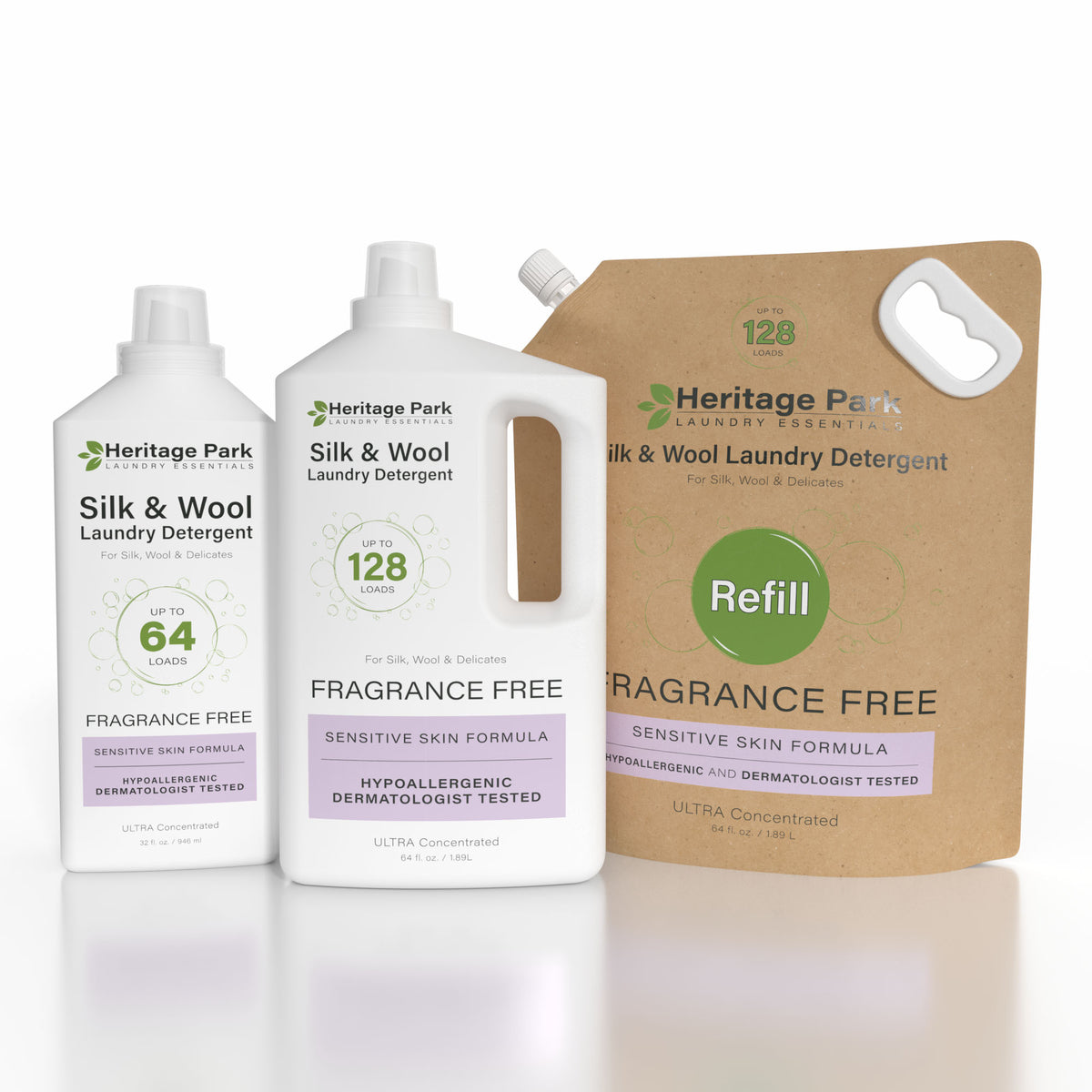 Heritage Park Silk & Wool Fragrance Free Laundry Detergent in 32 oz bottle, 64 oz bottle and the 64 oz refill bag