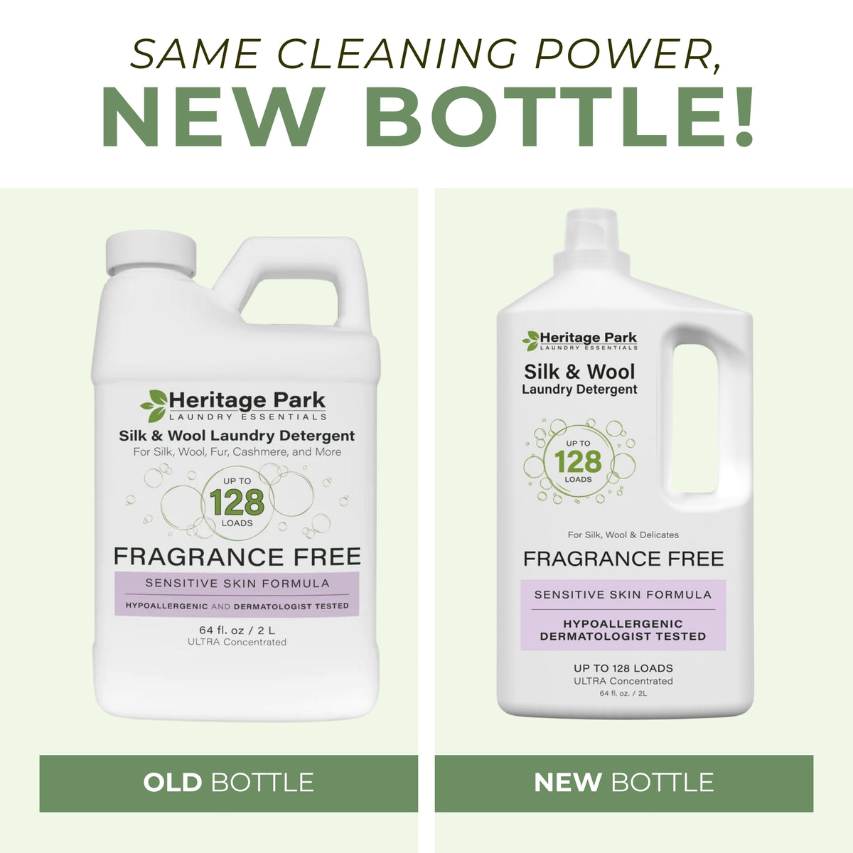 New and Old 64 oz bottle of Heritage Park Fragrance Free Silk and Wool Laundry Detergent