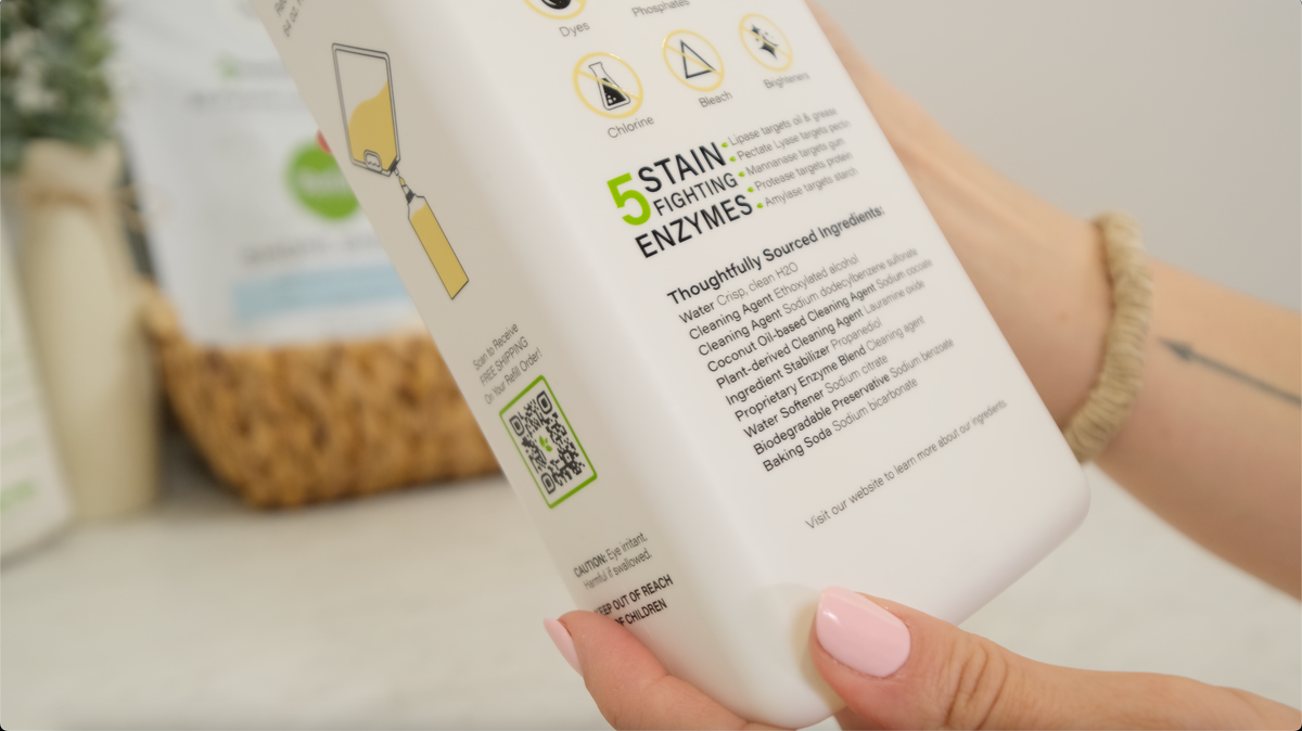 Close up of the back of a Heritage Park Laundry Detergent bottle