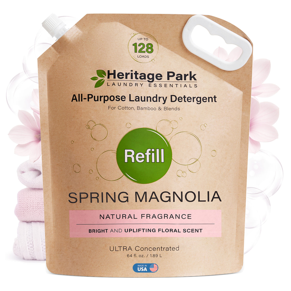 Spring Magnolia Heritage Park All-Purpose laundry detergent refill pack with Pink Flowers in background