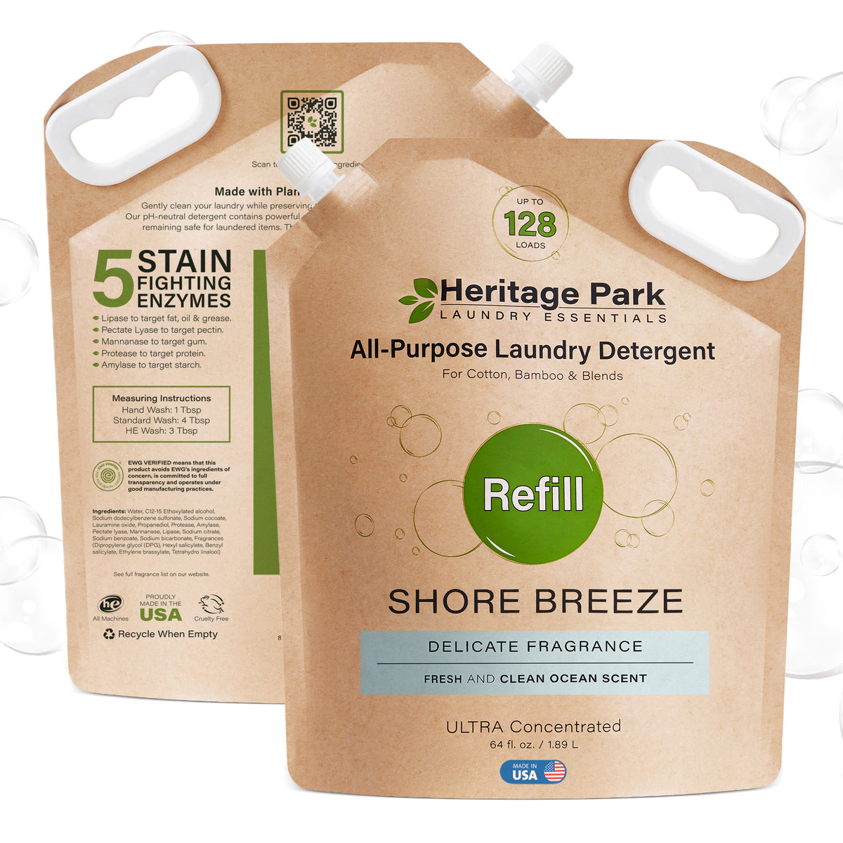 Front and back of ShoreBreeze Heritage Park All-Purpose laundry detergent refill pack