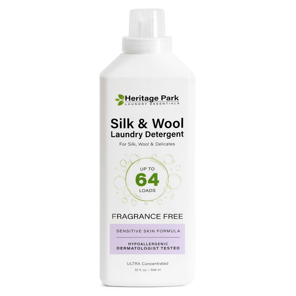 heritage park silk and wool laundry detergent 32oz trial size front view Fragrance Free