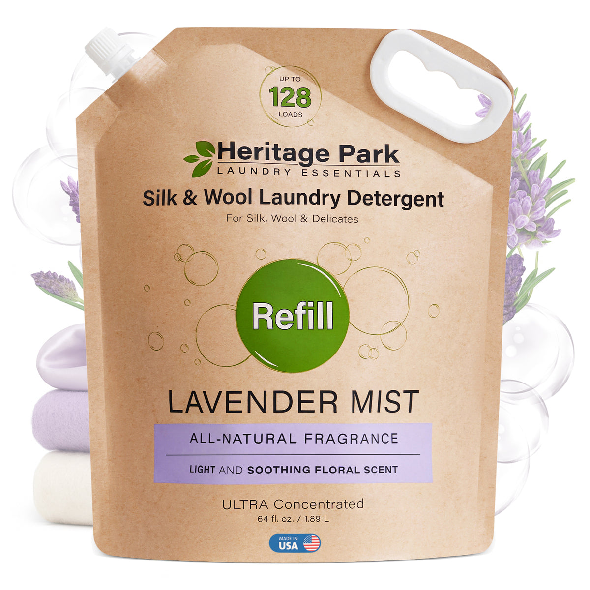 Lavender Mist Heritage Park Silk and Wool laundry detergent refill pack with Lavender flowers in background