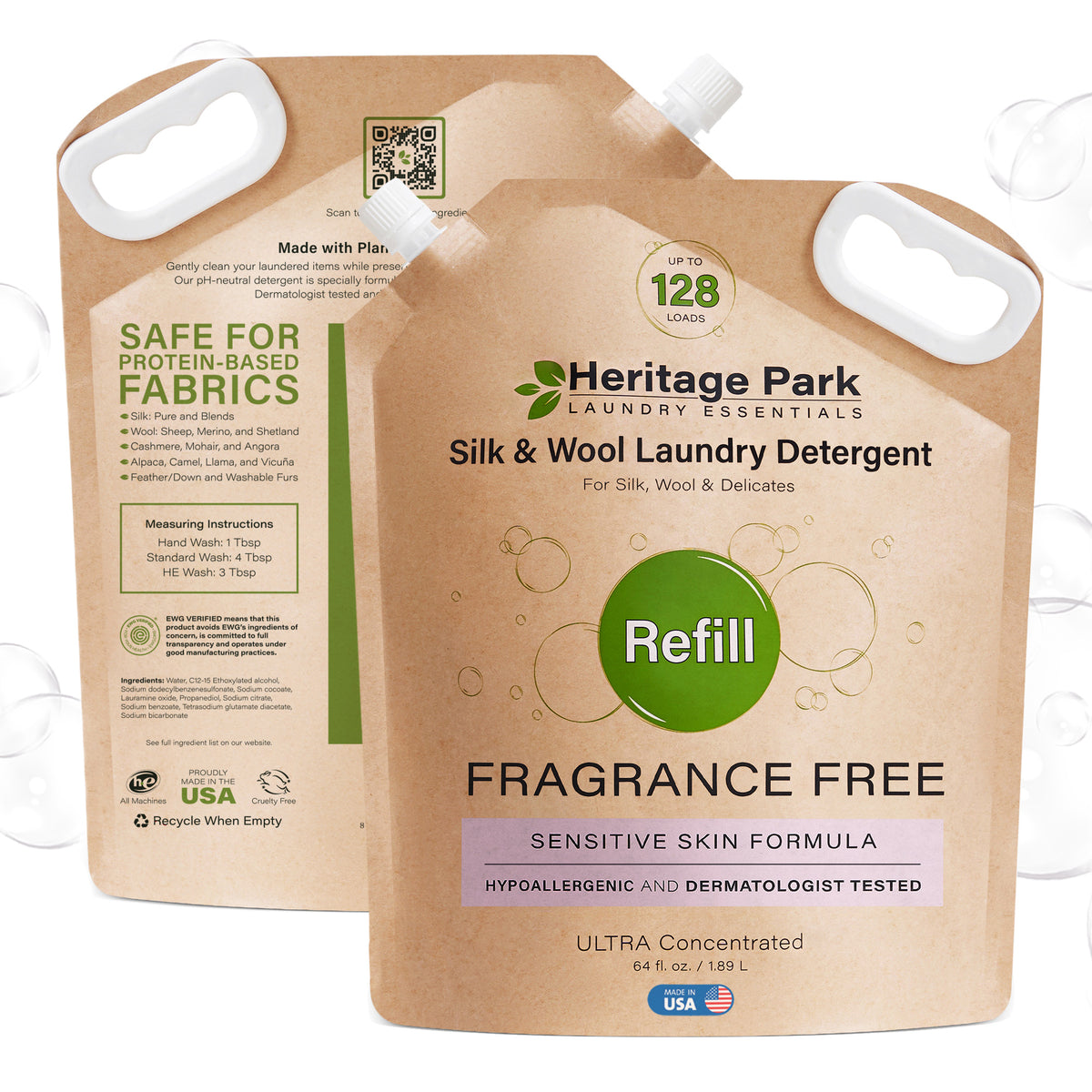 Front and back of Fragrance Free Heritage Park a Silk and Wool laundry detergent refill pack