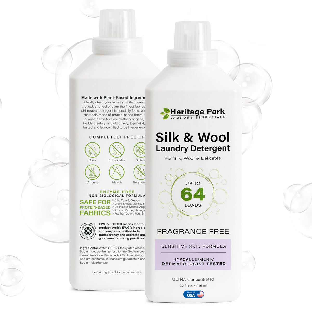 Front and back of Fragrance Free Heritage Park Silk and Wool laundry detergent 32 fl. oz. bottle