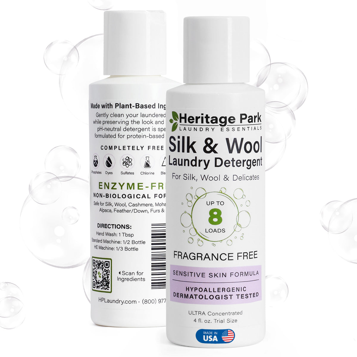 Front and back of Fragrance Free Heritage Park Silk and Wool laundry detergent 4 fl. oz. trial size bottle